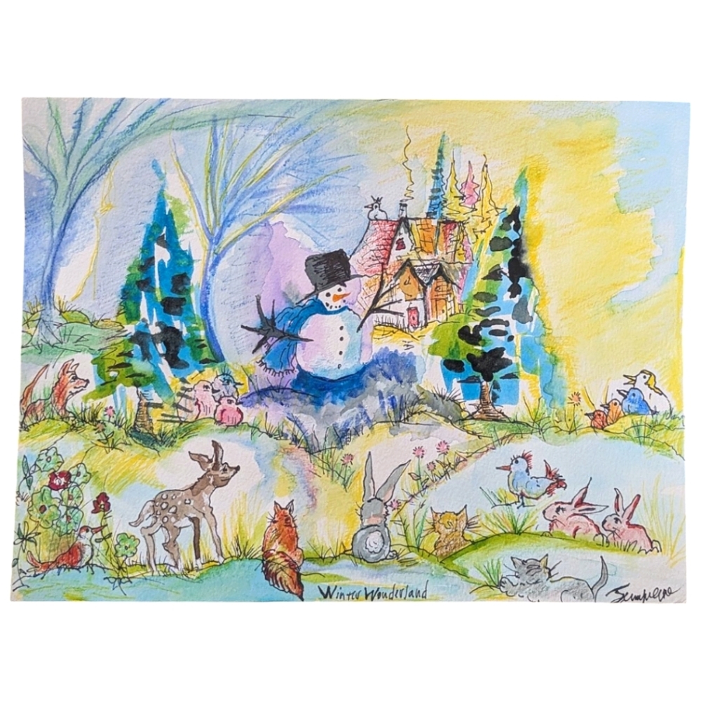 Hand signed original watercolor painting Winter Wonderland